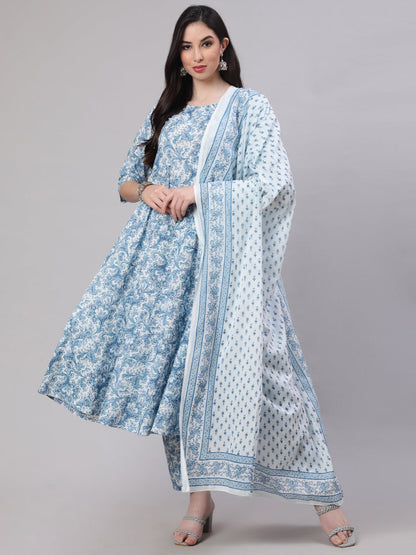 Women Blue Floral Printed Anarkali Kurta With Trouser And Dupatta | LASVINI - Redefining Indian Fashion with Elegance