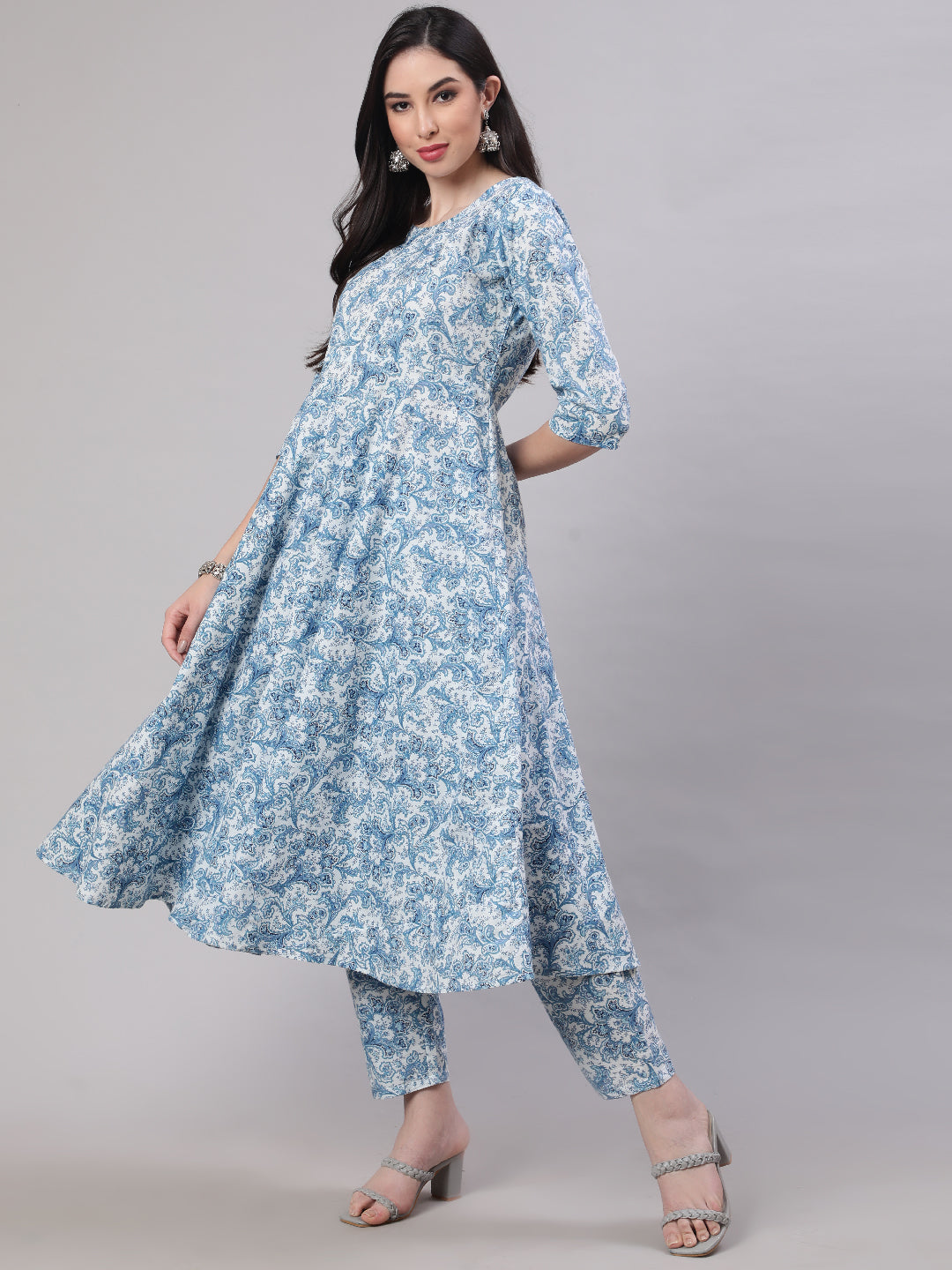 Women Blue Floral Printed Anarkali Kurta With Trouser And Dupatta | LASVINI - Redefining Indian Fashion with Elegance