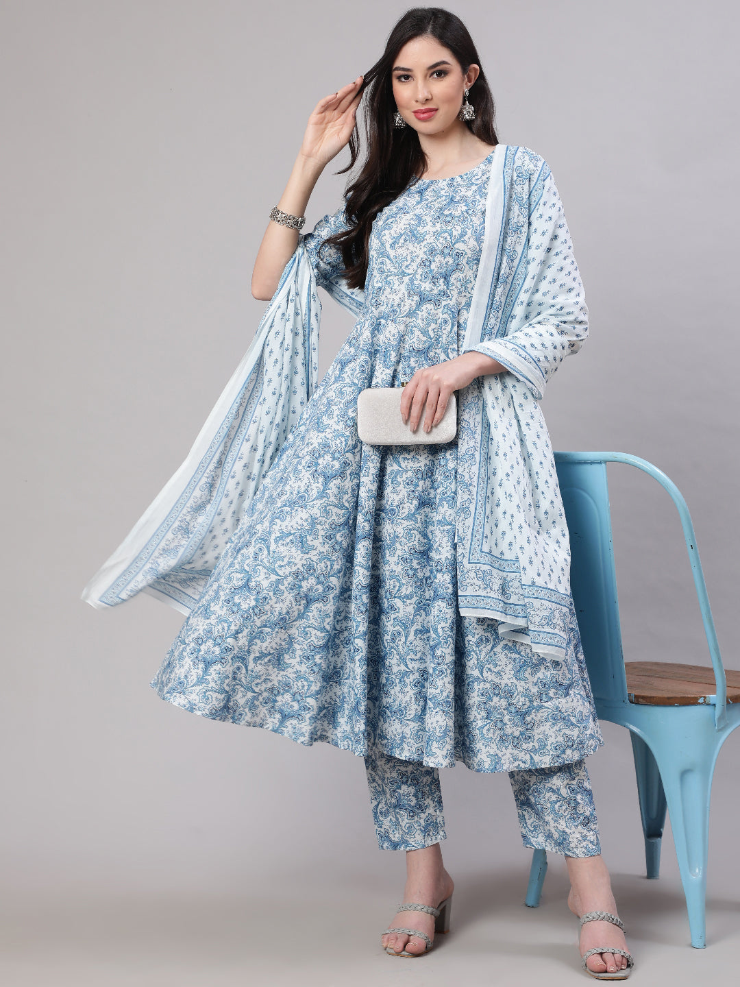 Women Blue Floral Printed Anarkali Kurta With Trouser And Dupatta | LASVINI - Redefining Indian Fashion with Elegance