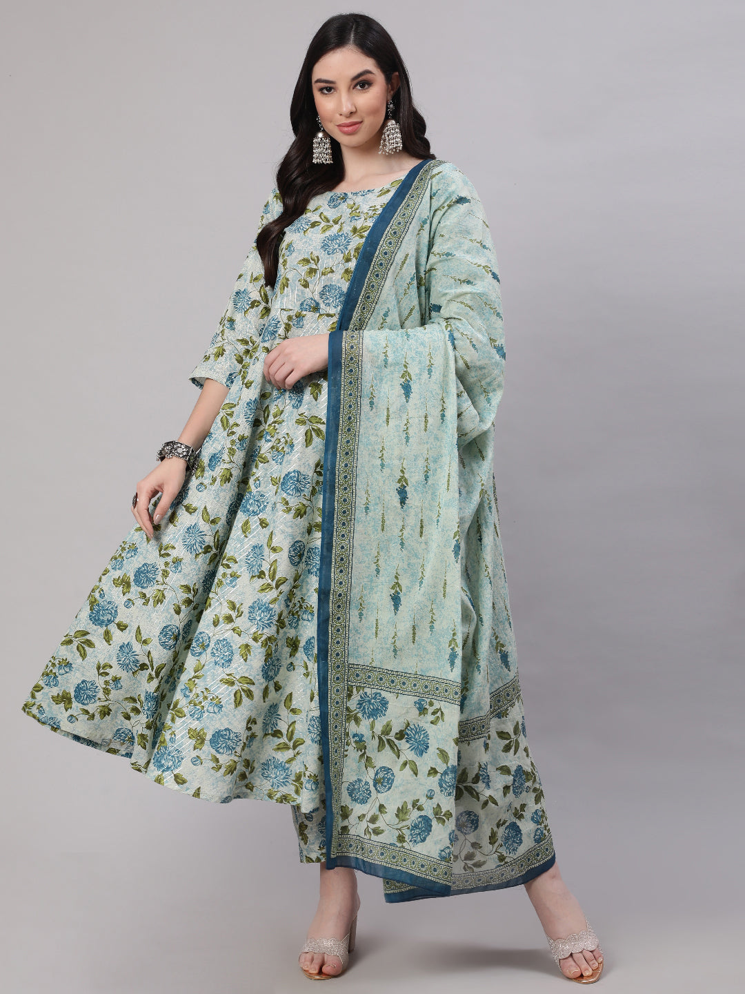 Women Grey Floral Printed Flared Kurta With Trouser And Dupatta | LASVINI - Redefining Indian Fashion with Elegance