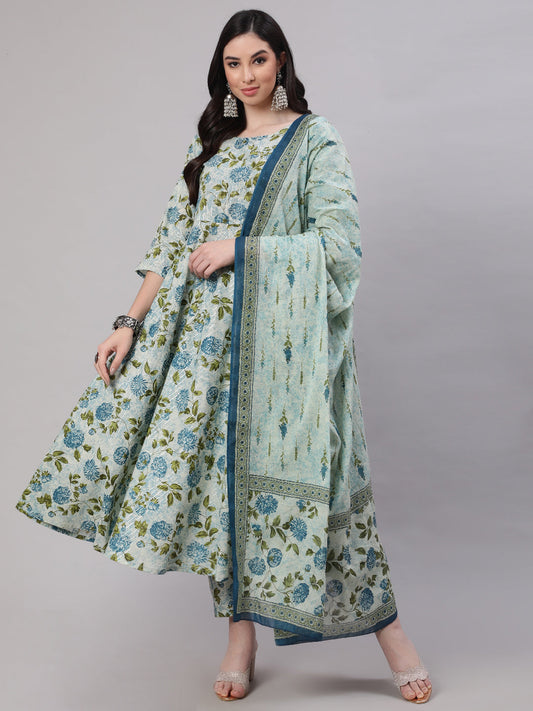 Women Grey Floral Printed Flared Kurta With Trouser And Dupatta | LASVINI - Redefining Indian Fashion with Elegance