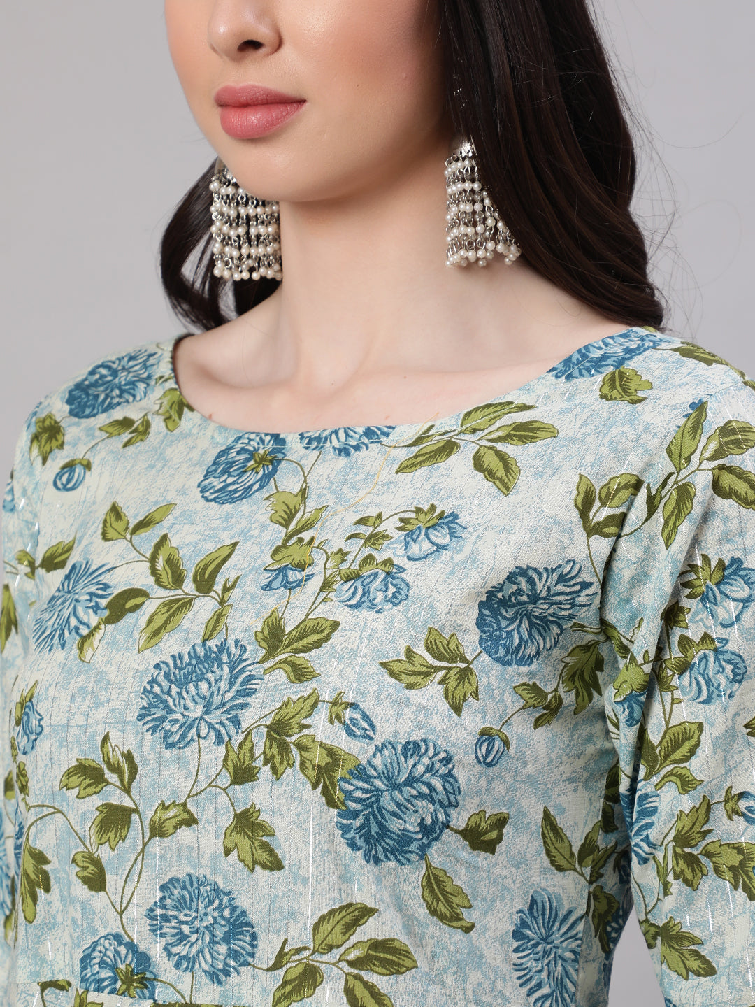 Women Grey Floral Printed Flared Kurta With Trouser And Dupatta | LASVINI - Redefining Indian Fashion with Elegance