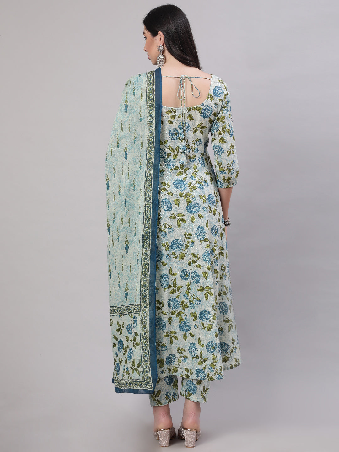 Women Grey Floral Printed Flared Kurta With Trouser And Dupatta | LASVINI - Redefining Indian Fashion with Elegance