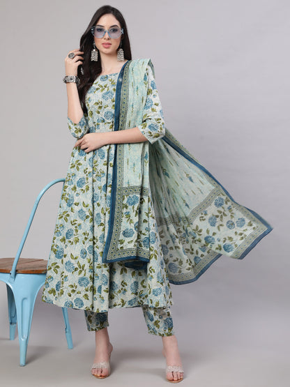 Women Grey Floral Printed Flared Kurta With Trouser And Dupatta | LASVINI - Redefining Indian Fashion with Elegance