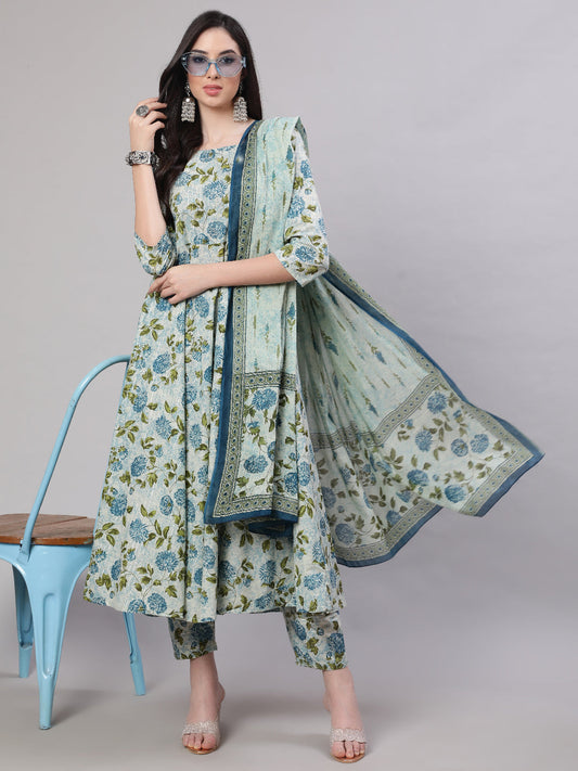 Women Grey Floral Printed Flared Kurta With Trouser And Dupatta | LASVINI - Redefining Indian Fashion with Elegance