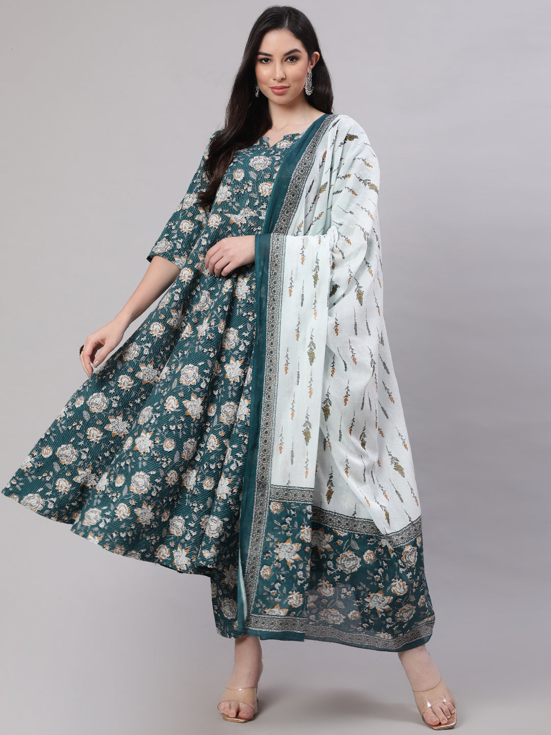 Women Green Floral Printed Anarkali Kurta With Trouser And Dupatta | LASVINI - Redefining Indian Fashion with Elegance