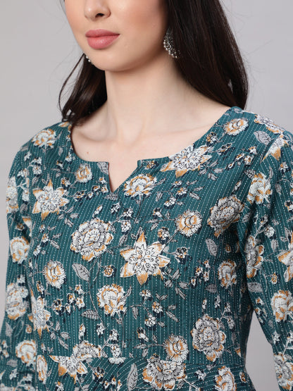 Women Green Floral Printed Anarkali Kurta With Trouser And Dupatta | LASVINI - Redefining Indian Fashion with Elegance