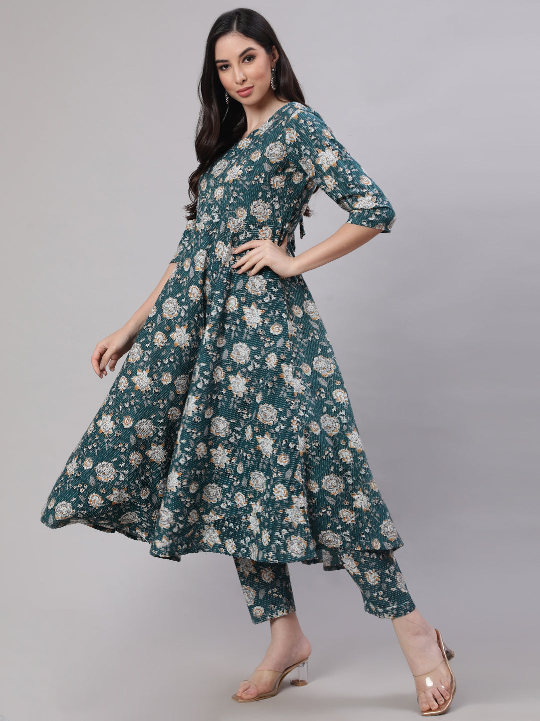 Women Green Floral Printed Anarkali Kurta With Trouser And Dupatta | LASVINI - Redefining Indian Fashion with Elegance
