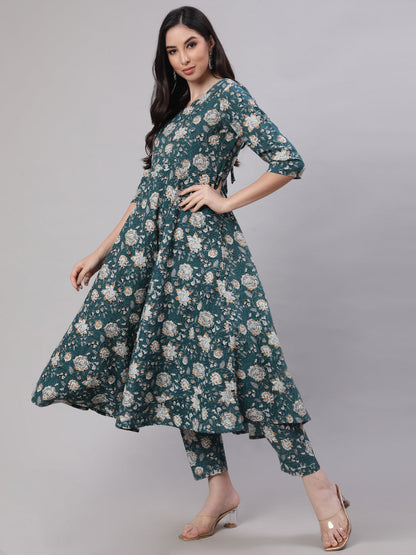 Women Green Floral Printed Anarkali Kurta With Trouser And Dupatta | LASVINI - Redefining Indian Fashion with Elegance