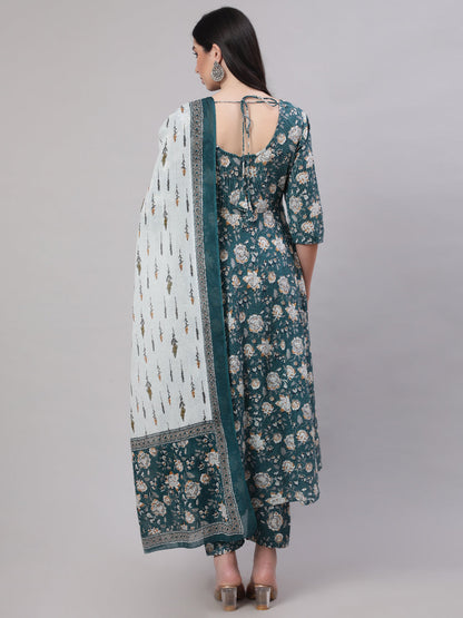 Women Green Floral Printed Anarkali Kurta With Trouser And Dupatta | LASVINI - Redefining Indian Fashion with Elegance