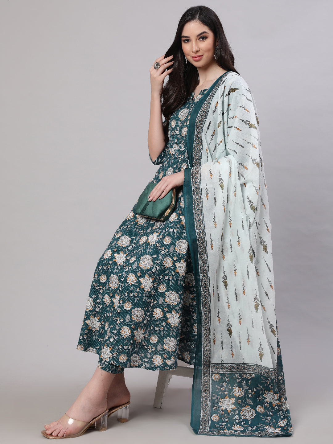 Women Green Floral Printed Anarkali Kurta With Trouser And Dupatta | LASVINI - Redefining Indian Fashion with Elegance