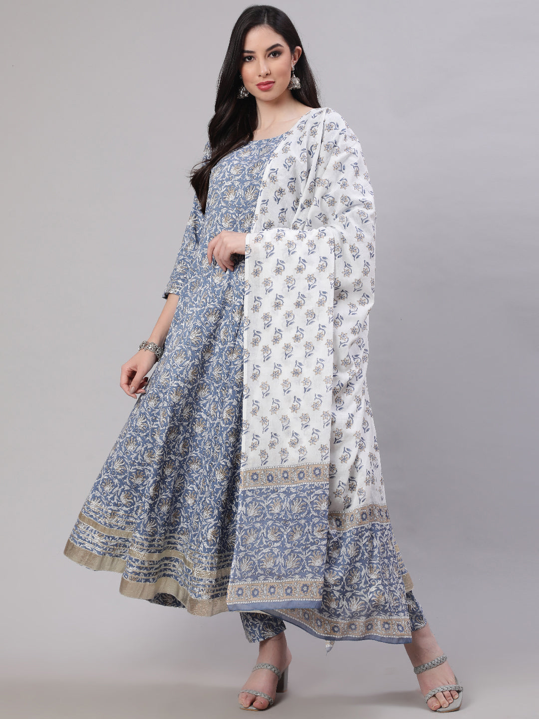 Women Grey Floral Printed Flared Kurta With Trouser And Dupatta | LASVINI - Redefining Indian Fashion with Elegance