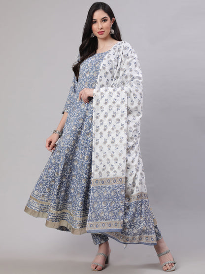 Women Grey Floral Printed Flared Kurta With Trouser And Dupatta | LASVINI - Redefining Indian Fashion with Elegance
