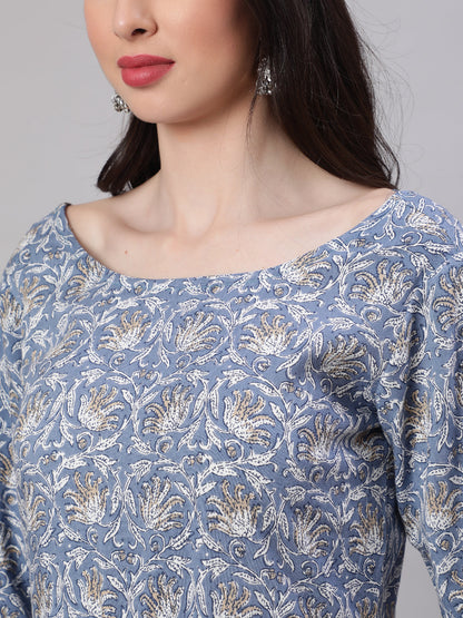 Women Grey Floral Printed Flared Kurta With Trouser And Dupatta | LASVINI - Redefining Indian Fashion with Elegance