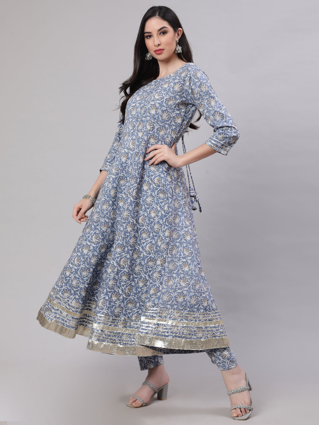 Women Grey Floral Printed Flared Kurta With Trouser And Dupatta | LASVINI - Redefining Indian Fashion with Elegance