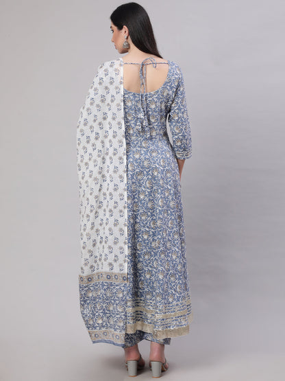 Women Grey Floral Printed Flared Kurta With Trouser And Dupatta | LASVINI - Redefining Indian Fashion with Elegance