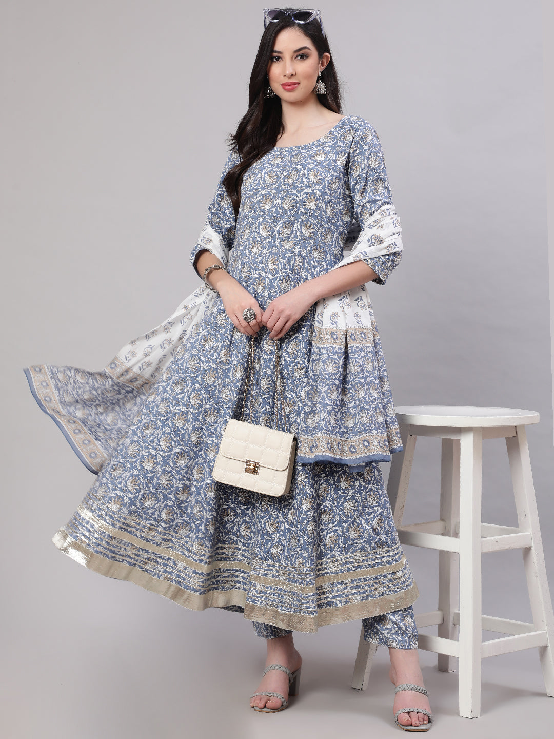 Women Grey Floral Printed Flared Kurta With Trouser And Dupatta | LASVINI - Redefining Indian Fashion with Elegance
