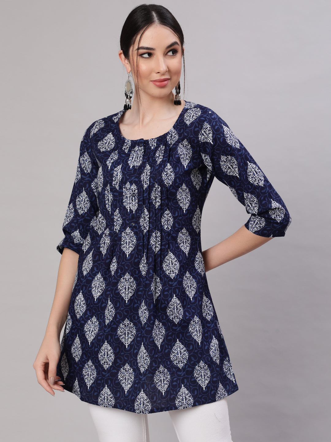 Women Blue Straight Tunic With Three Quarter Sleeves | LASVINI - Redefining Indian Fashion with Elegance
