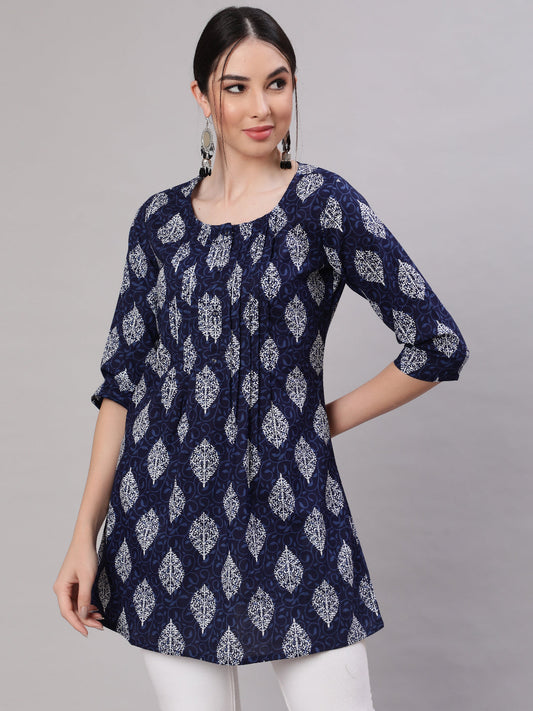 Women Blue Straight Tunic With Three Quarter Sleeves | LASVINI - Redefining Indian Fashion with Elegance
