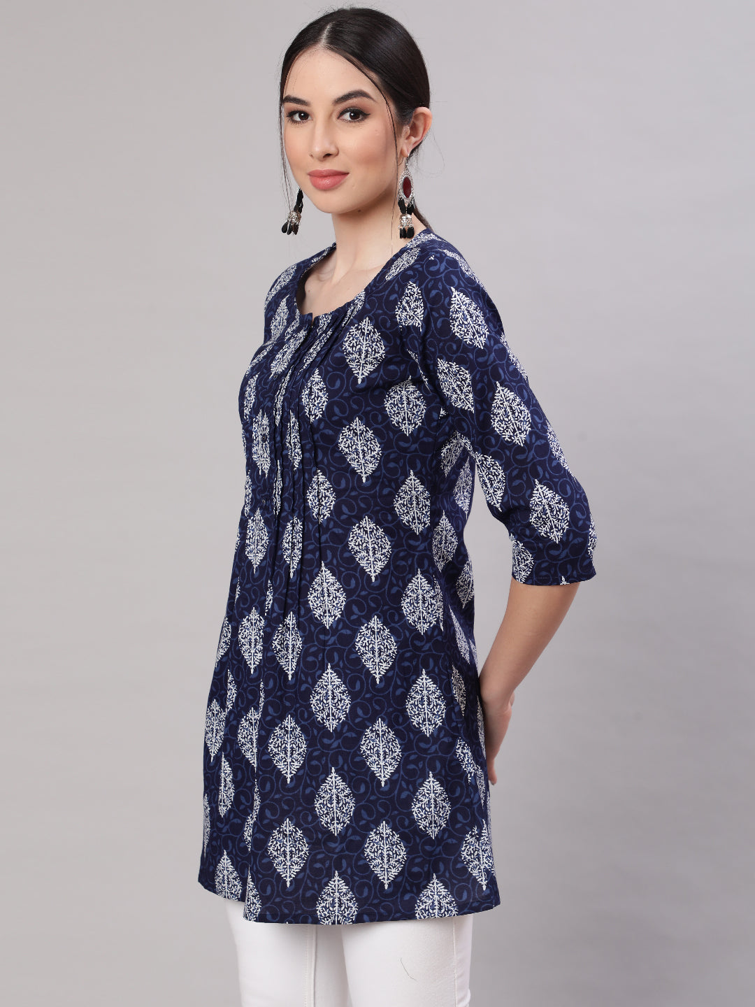 Women Blue Straight Tunic With Three Quarter Sleeves | LASVINI - Redefining Indian Fashion with Elegance