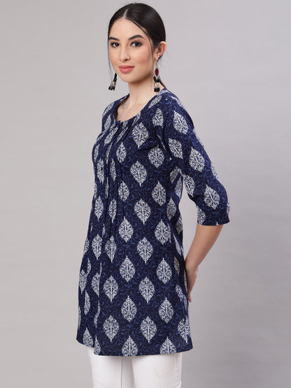 Women Blue Straight Tunic With Three Quarter Sleeves | LASVINI - Redefining Indian Fashion with Elegance