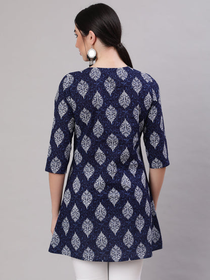 Women Blue Straight Tunic With Three Quarter Sleeves | LASVINI - Redefining Indian Fashion with Elegance