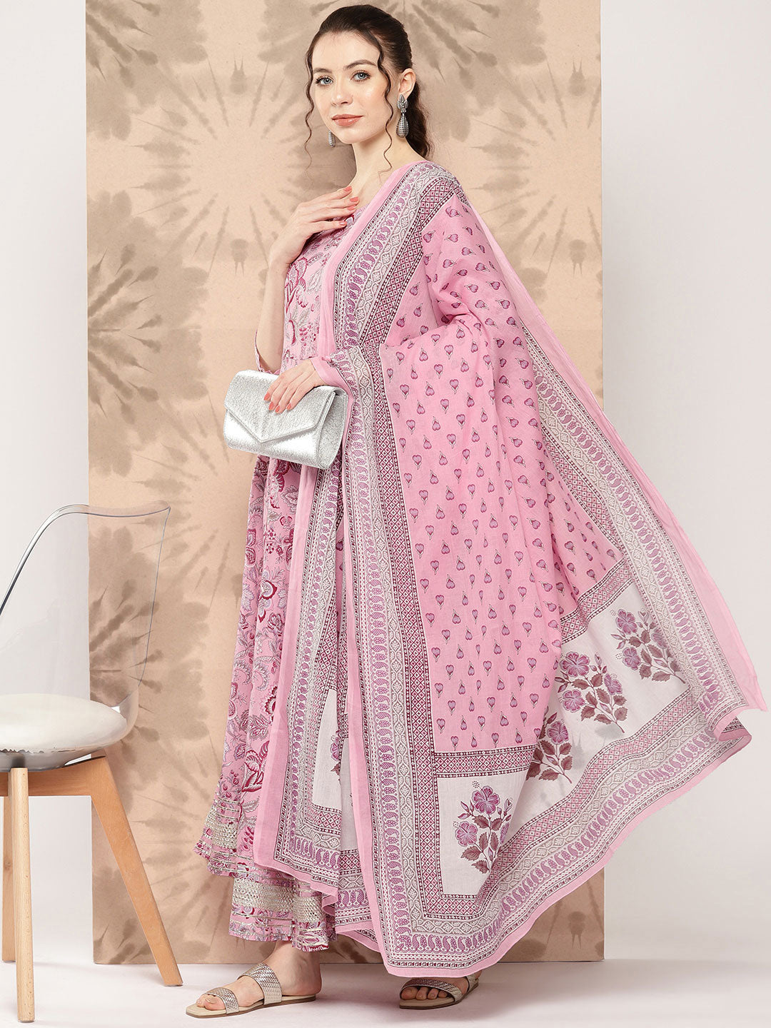 Women Pink Floral Printed Anarkali Kurta With Trouser And Dupatta | LASVINI - Redefining Indian Fashion with Elegance
