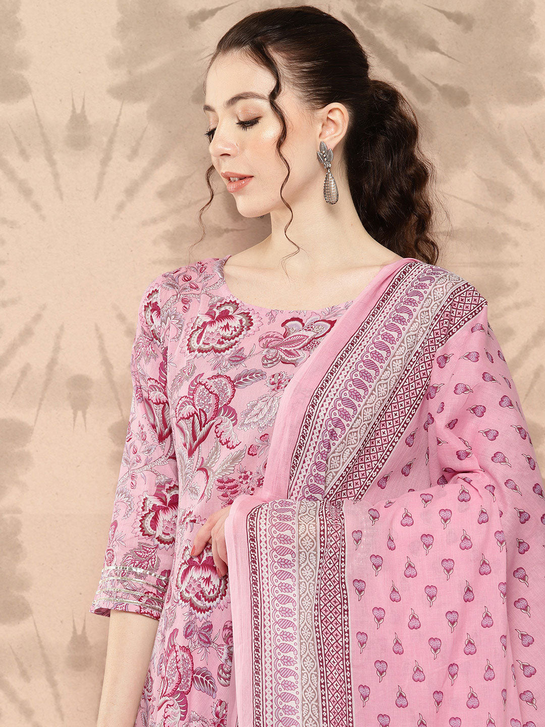 Women Pink Floral Printed Anarkali Kurta With Trouser And Dupatta | LASVINI - Redefining Indian Fashion with Elegance