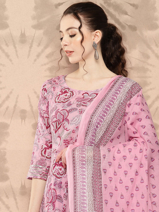 Women Pink Floral Printed Anarkali Kurta With Trouser And Dupatta | LASVINI - Redefining Indian Fashion with Elegance