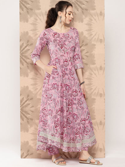 Women Pink Floral Printed Anarkali Kurta With Trouser And Dupatta | LASVINI - Redefining Indian Fashion with Elegance
