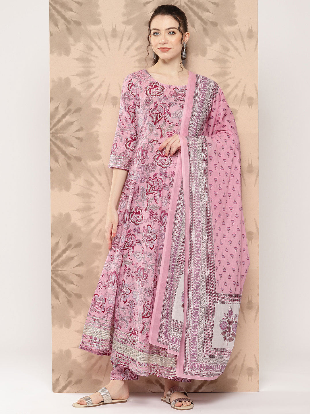 Women Pink Floral Printed Anarkali Kurta With Trouser And Dupatta | LASVINI - Redefining Indian Fashion with Elegance
