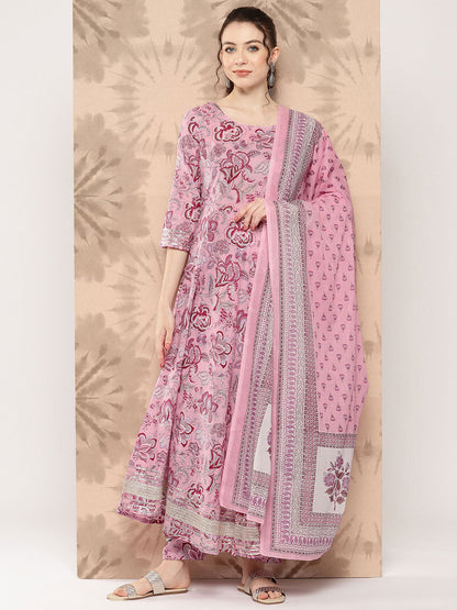 Women Pink Floral Printed Anarkali Kurta With Trouser And Dupatta | LASVINI - Redefining Indian Fashion with Elegance