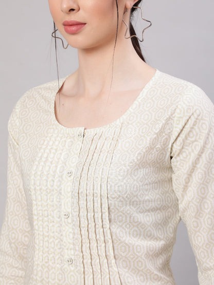 Women Cream Printed Straight Tunic With Three Quarter Sleeves | LASVINI - Redefining Indian Fashion with Elegance