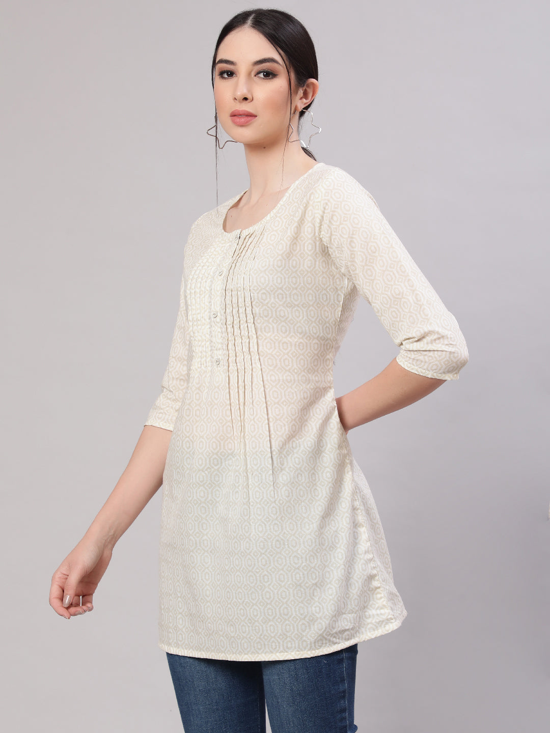 Women Cream Printed Straight Tunic With Three Quarter Sleeves | LASVINI - Redefining Indian Fashion with Elegance