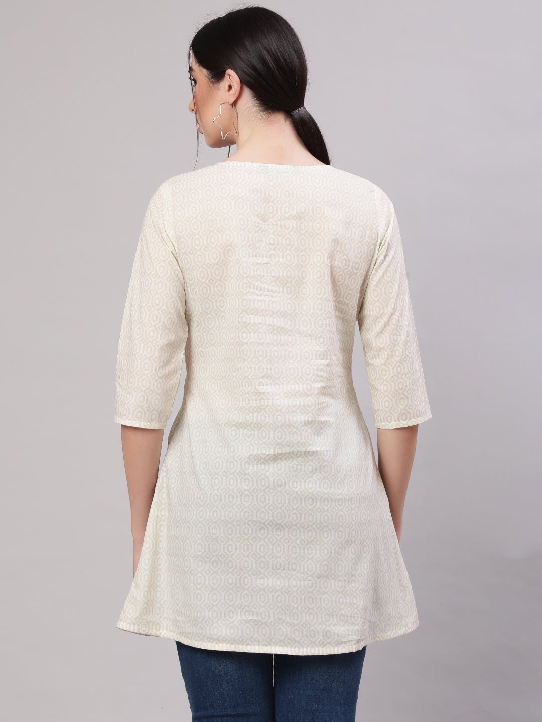 Women Cream Printed Straight Tunic With Three Quarter Sleeves | LASVINI - Redefining Indian Fashion with Elegance