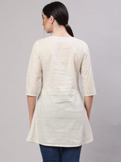 Women Cream Printed Straight Tunic With Three Quarter Sleeves | LASVINI - Redefining Indian Fashion with Elegance
