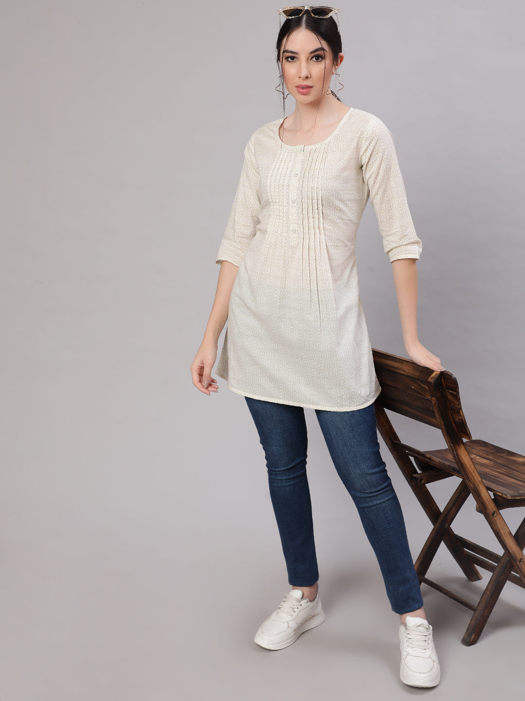 Women Cream Printed Straight Tunic With Three Quarter Sleeves | LASVINI - Redefining Indian Fashion with Elegance