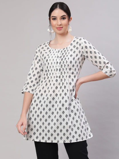 Women White Printed Straight Tunic With Three Quarter Sleeves | LASVINI - Redefining Indian Fashion with Elegance