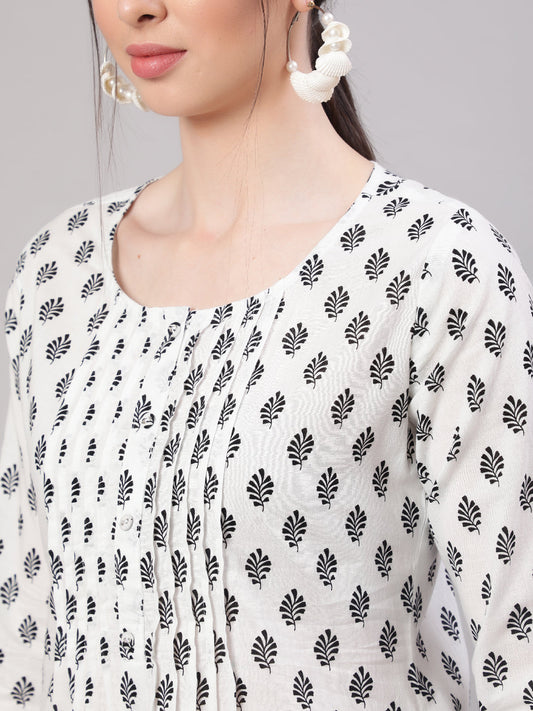 Women White Printed Straight Tunic With Three Quarter Sleeves | LASVINI - Redefining Indian Fashion with Elegance