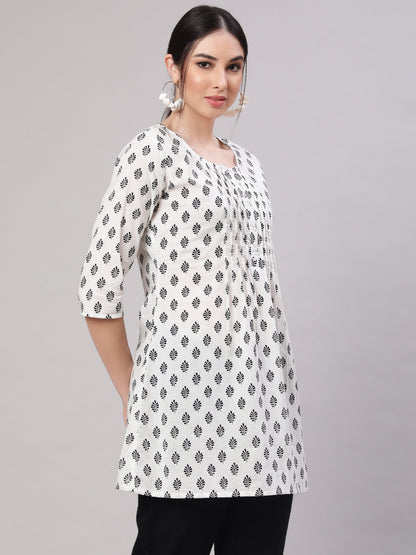 Women White Printed Straight Tunic With Three Quarter Sleeves | LASVINI - Redefining Indian Fashion with Elegance