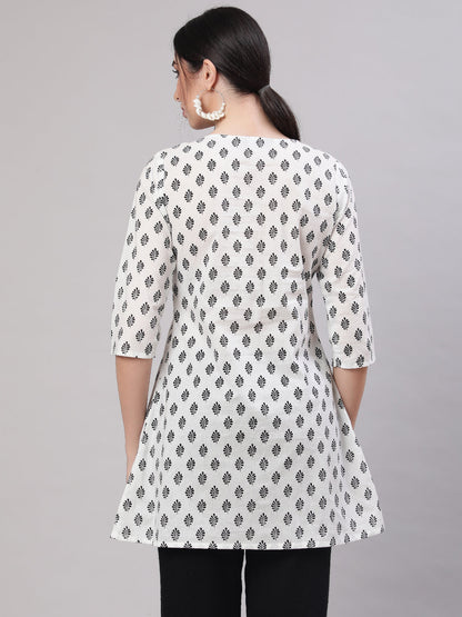 Women White Printed Straight Tunic With Three Quarter Sleeves | LASVINI - Redefining Indian Fashion with Elegance