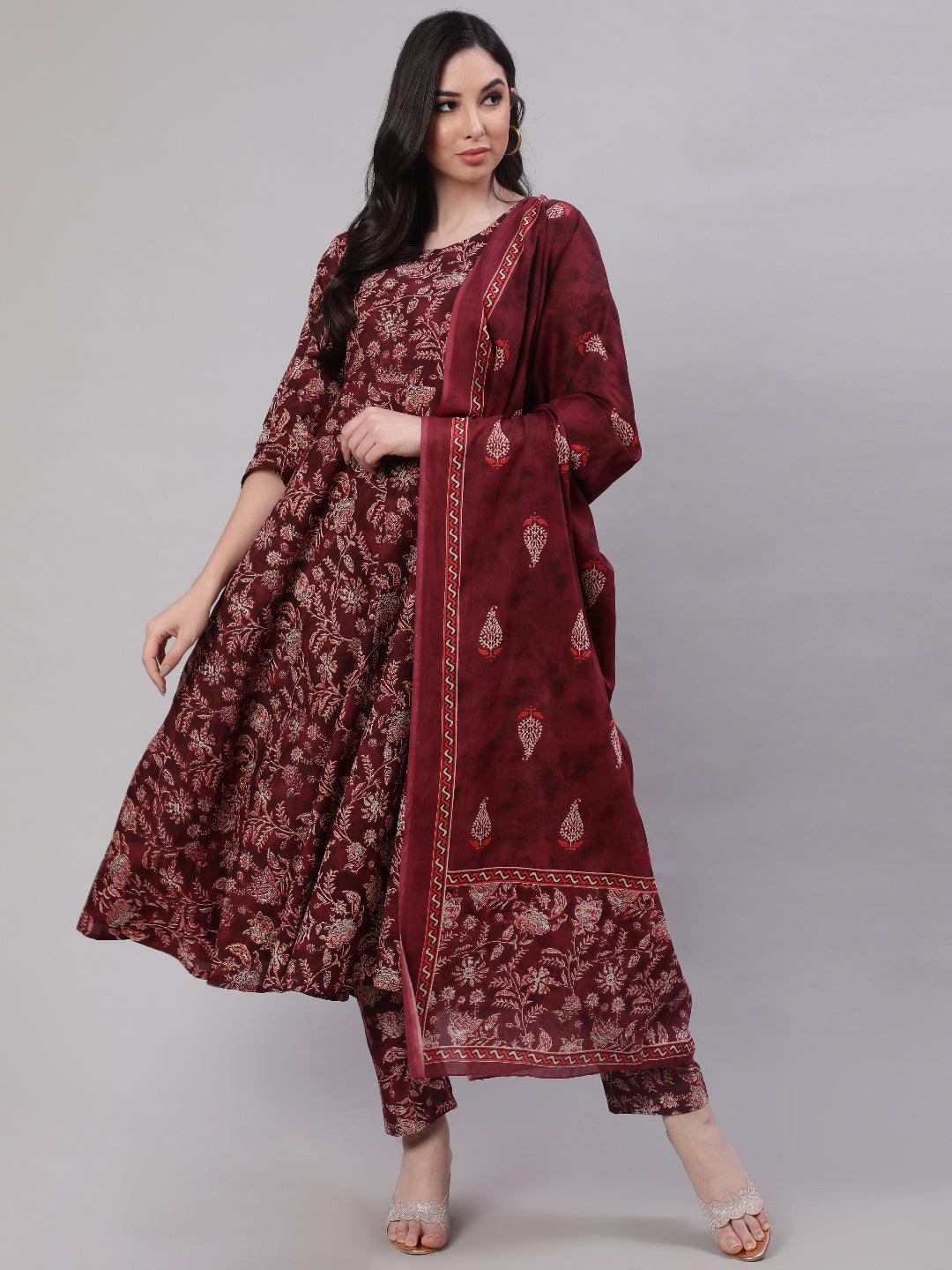 Women Burgundy Floral Printed Flared Kurta With Trouser And Dupatta | LASVINI - Redefining Indian Fashion with Elegance