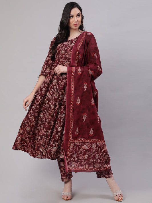 Women Burgundy Floral Printed Flared Kurta With Trouser And Dupatta | LASVINI - Redefining Indian Fashion with Elegance