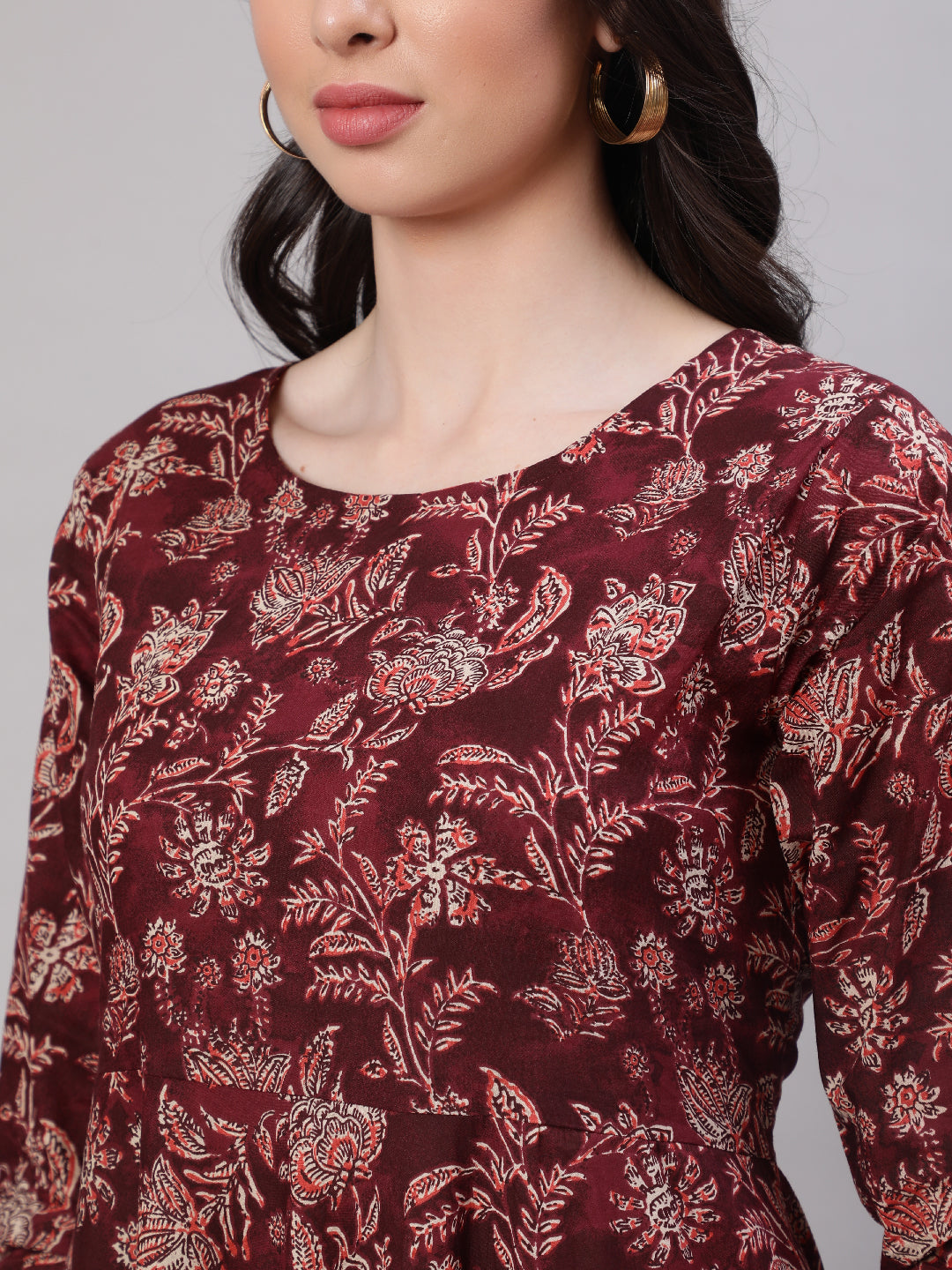 Women Burgundy Floral Printed Flared Kurta With Trouser And Dupatta | LASVINI - Redefining Indian Fashion with Elegance