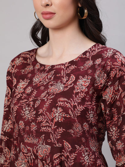 Women Burgundy Floral Printed Flared Kurta With Trouser And Dupatta | LASVINI - Redefining Indian Fashion with Elegance