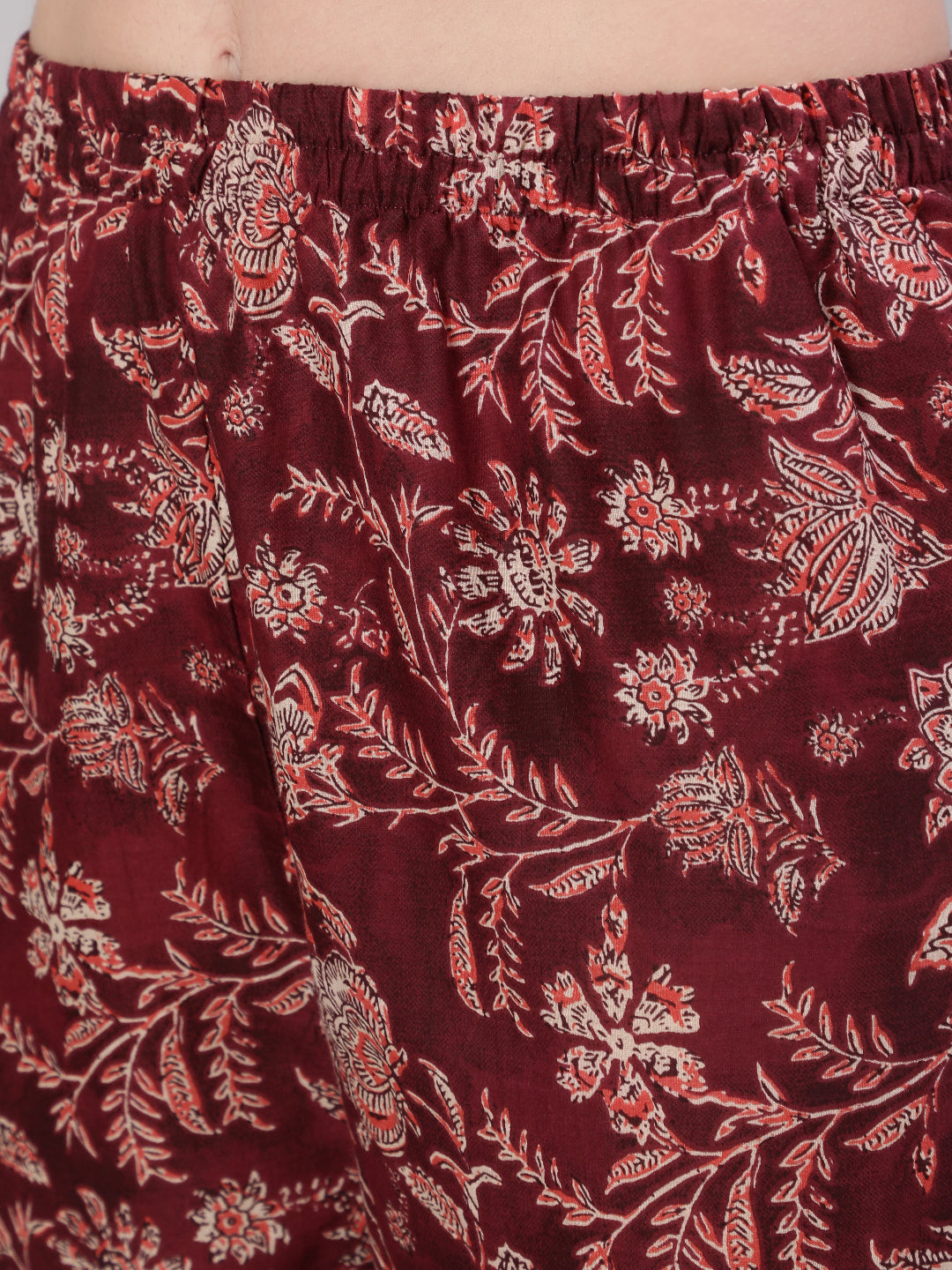 Women Burgundy Floral Printed Flared Kurta With Trouser And Dupatta | LASVINI - Redefining Indian Fashion with Elegance
