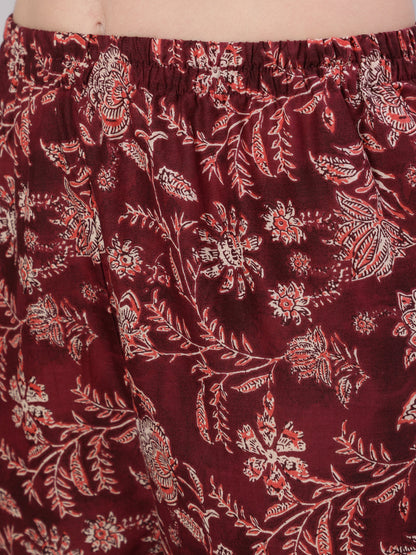 Women Burgundy Floral Printed Flared Kurta With Trouser And Dupatta | LASVINI - Redefining Indian Fashion with Elegance