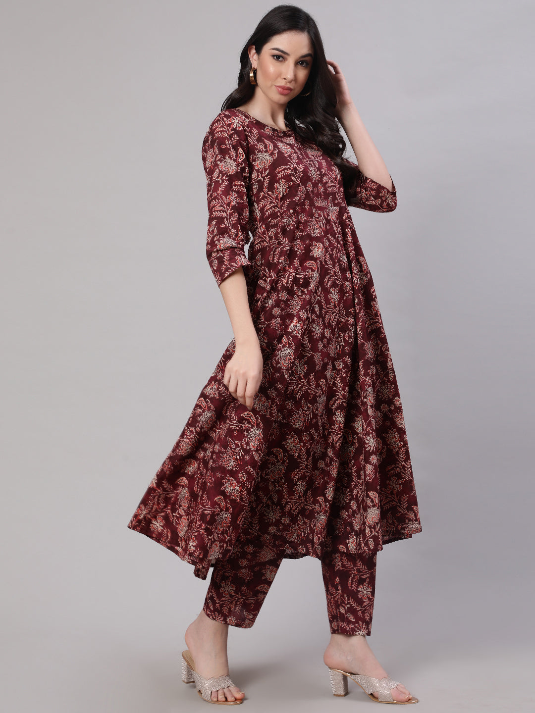 Women Burgundy Floral Printed Flared Kurta With Trouser And Dupatta | LASVINI - Redefining Indian Fashion with Elegance