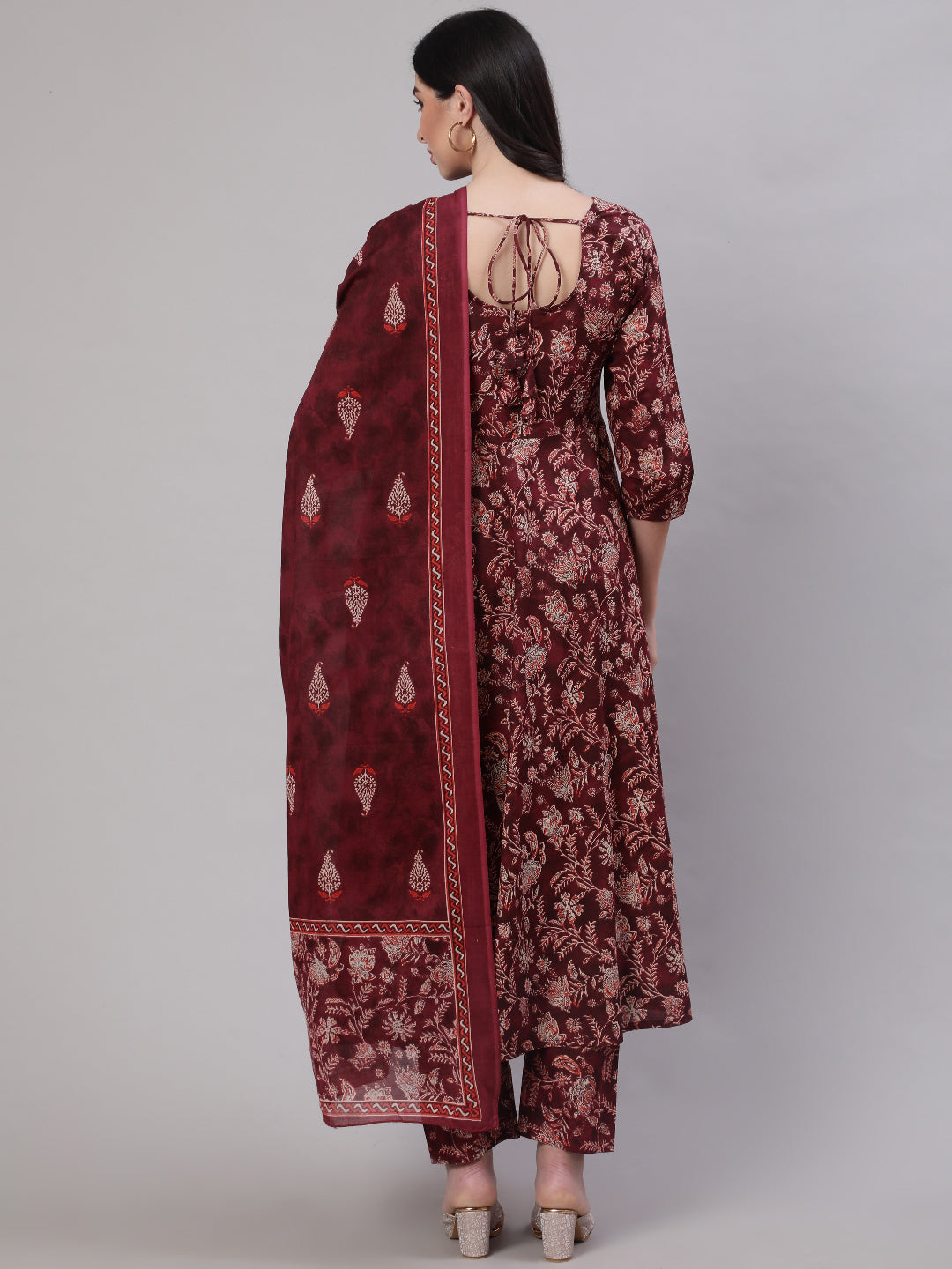 Women Burgundy Floral Printed Flared Kurta With Trouser And Dupatta | LASVINI - Redefining Indian Fashion with Elegance