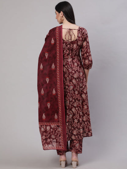 Women Burgundy Floral Printed Flared Kurta With Trouser And Dupatta | LASVINI - Redefining Indian Fashion with Elegance